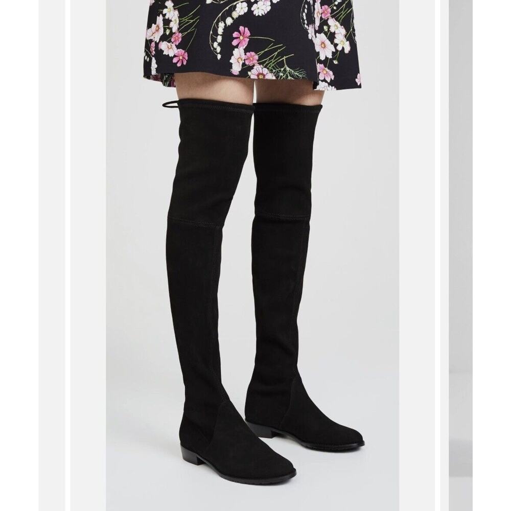 Stuart Weitzman Black Suede Lowland Over-The-Knee Flat Heel Lace up Boots 7